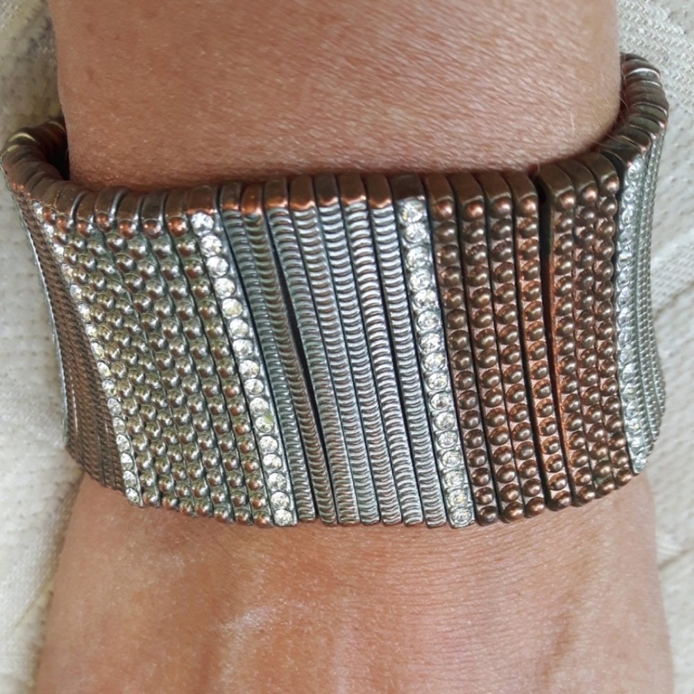 Wide stretch coppery / mixed metals bar bead bracelet with rhinestones